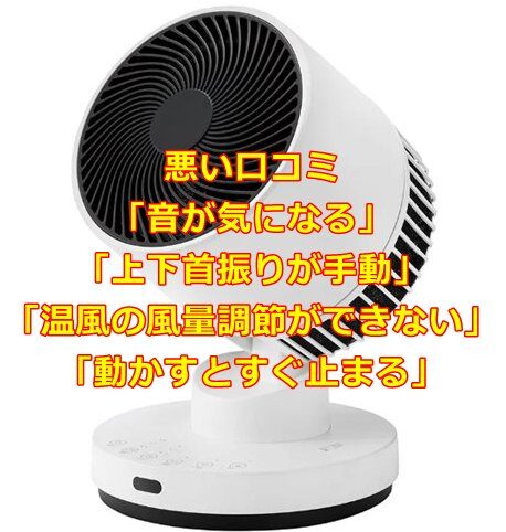 悪い口コミ「音が気になる」「上下首振りが手動」「温風の風量調節ができない」「動かすとすぐ止まる」